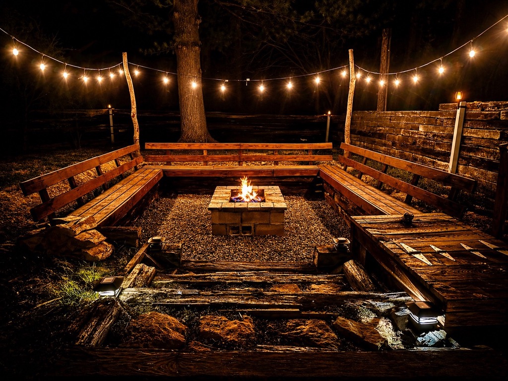 Wooden benches around a glowing fire pit beneath warm string lights at The Forest Villas